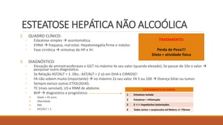 ESTEATOSE HEPÁTICA NÃO ALCOÓLICA
2. QUADRO CLÍNICO:
◦ Esteatose simples  assintomática.
◦ EHNA  fraqueza, mal estar. Hepatomegalia firme e indolor.
◦ Fase cirrótica  sintomas de HP e IH.
3. DIAGNÓSTICO:
◦ Elevação de aminotransferases e GGT no máximo 4x seu valor (quando elevado). Se passar de 10x o valor 
pesquisar outro diagnóstico.
◦ Se Relação AST/ALT < 1. Obs.: AST/ALT > 2 só em DHA e CIRROSE!
◦ FA não sobem muito (importante)  no máximo 2x seu valor. FA 5 ou 10X  Doença biliar ou tumor.
◦ Sempre excluir outras ETIOLOGIAS.
◦ TC (mais sensível), US e RNM de abdome.
◦ BHP  diagnóstico e prognóstico.
 Idade > 45 anos.
 Obesidade.
 DM.
 AST/ALT > 1.
ESTADIAMENTO DA DHGNA
1 Esteatose isolada
2 Esteatose + inflamação
3 E + I + hepatócitos balonizados
4 Todos acima + corpúsculos ed Malory +/- Fibrose
TRATAMENTO:
Perda de Peso!!!
Dieta + atividade física
 