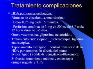 Tratamiento complicaciones <ul><li>HDA por varices esofágicas: </li></ul><ul><li>Fármaco de elección  somatostatina: </li>...