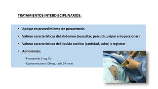 TRATAMIENTOS INTERDISCIPLINARIOS:
• Apoyar en procedimiento de paracentesis
• Valorar características del abdomen (auscultar, percutir, palpar e inspeccionar)
• Valorar características del líquido ascítico (cantidad, color) y registrar
• Administrar:
- Furosemida 2 mg. EV
- Espironolactona 100 mg. cada 24 horas
 