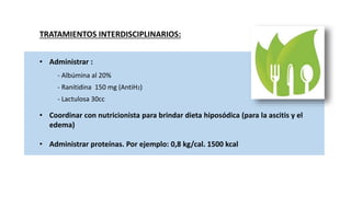 TRATAMIENTOS INTERDISCIPLINARIOS:
• Administrar :
- Albúmina al 20%
- Ranitidina 150 mg (AntiH2)
- Lactulosa 30cc
• Coordinar con nutricionista para brindar dieta hiposódica (para la ascitis y el
edema)
• Administrar proteínas. Por ejemplo: 0,8 kg/cal. 1500 kcal
 