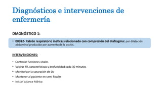 DIAGNÓSTICO 1:
• 00032- Patrón respiratorio ineficaz relacionado con compresión del diafragma: por dilatación
abdominal producido por aumento de la ascitis.
INTERVENCIONES:
• Controlar funciones vitales
• Valorar FR, características y profundidad cada 30 minutos
• Monitorizar la saturación de O2
• Mantener al paciente en semi Fowler
• Iniciar balance hídrico
Diagnósticos e intervenciones de
enfermería
 