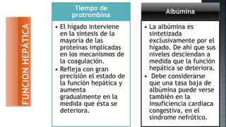 Tiempo de
protrombina
• El hígado interviene
en la síntesis de la
mayoría de las
proteínas implicadas
en los mecanismos de
la coagulación.
• Refleja con gran
precisión el estado de
la función hepática y
aumenta
gradualmente en la
medida que ésta se
deteriora.
Albúmina
• La albúmina es
sintetizada
exclusivamente por el
hígado. De ahí que sus
niveles desciendan a
medida que la función
hepática se deteriora.
• Debe considerarse
que una tasa baja de
albúmina puede verse
también en la
insuficiencia cardiaca
congestiva, en el
síndrome nefrótico.
 