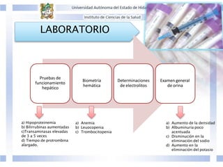 LABORATORIO
Pruebas de
funcionamiento
hepático
Biometría
hemática
Determinaciones
de electrolitos
Examen general
de orina
a) Hipoproteinemia
b) Bilirrubinas aumentadas
c)Transaminasas elevadas
de 3 a 5 veces
d) Tiempo de protrombina
alargado.
a) Anemia
b) Leuocopenia
c) Trombocitopenia
a) Aumento de la densidad
b) Albuminuria poco
acentuada
c) Disminución en la
eliminación del sodio
d) Aumento en la
eliminación del potasio
 