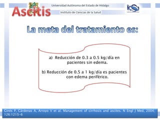 Ginés P, Cárdenas A, Arroyo V et al. Management of cirrhosis and ascites. N Engl J Med, 2004;
126:1215-6
a) Reducción de 0.3 a 0.5 kg/día en
pacientes sin edema.
b) Reducción de 0.5 a 1 kg/día es pacientes
con edema periférico.
 