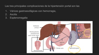 Las tres principales complicaciones de la hipertensión portal son las
1. Várices gastroesofágicas con hemorragia,
2. Ascitis
3. Esplenomegalia
 