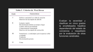 Evalúan la severidad y
clasifican en cinco grados
la encefalopatía hepática
dependiendo del estado de
conciencia y respaldado
por la evaluación de otras
funciones cerebrales.
 