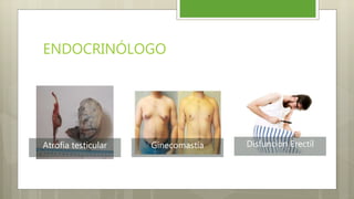 ENDOCRINÓLOGO
Atrofia testicular Ginecomastia Disfunción Erectíl
 