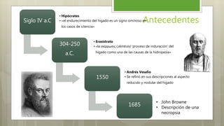 AntecedentesSiglo IV a.C
• Hipócrates
• «el endurecimiento del hígado es un signo ominoso en
los casos de ictericia»
304-250
a.C.
• Erasístrato
• «la σκίρρωσις (skírrōsis) ‘proceso de induración’ del
hígado como una de las causas de la hidropesía»
1550
• Andrés Vesalio
• Se refirió en sus descripciones al aspecto
reducido y nodular del hígado
1685
• John Browne
• Descripción de una
necropsia
 