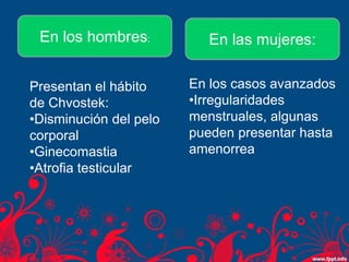 En los hombres: En las mujeres:
En los casos avanzados
•Irregularidades
menstruales, algunas
pueden presentar hasta
amenorrea
Presentan el hábito
de Chvostek:
•Disminución del pelo
corporal
•Ginecomastia
•Atrofia testicular
 
