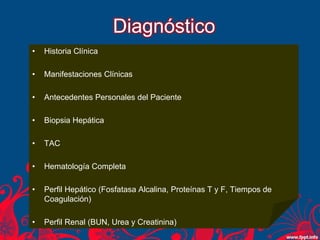 Diagnóstico
• Historia Clínica
• Manifestaciones Clínicas
• Antecedentes Personales del Paciente
• Biopsia Hepática
• TAC
• Hematología Completa
• Perfil Hepático (Fosfatasa Alcalina, Proteínas T y F, Tiempos de
Coagulación)
• Perfil Renal (BUN, Urea y Creatinina)
 
