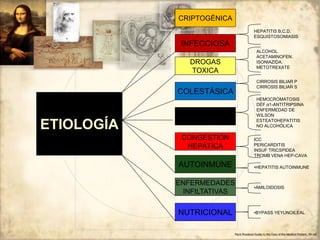 ETIOLOGÍA
ENFERMEDADES
INFILTATIVAS
NUTRICIONAL
CRIPTOGÉNICA
AUTOINMUNE
CONGESTIÓN
HEPÁTICA
METABÓLICA
COLESTÁSICA
DROGAS
TOXICA
INFECCIOSA
HEPATITIS B,C,D.
ESQUISTOSOMIASIS
ALCOHOL.
ACETAMINOFEN.
ISONIAZIDA.
METOTREXATE
CIRROSIS BILIAR P
CIRROSIS BILIAR S
HEMOCROMATOSIS
DÉF.α1-ANTITRIPSINA
ENFERMEDAD DE
WILSON
ESTEATOHEPATITIS
NO ALCOHÓLICA
ICC
PERICARDITIS
INSUF TRICSPIDEA
TROMB VENA HEP-CAVA
•HEPATITIS AUTOINMUNE
•AMILOIDOSIS
•BYPASS YEYUNOILEAL
Ferri: Practical Guide to the Care of the Medical Patient, 7th ed.
 