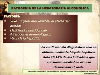 PATOGENIA DE LA HEPATOPATÍA ALCOHÓLICA
FACTORES:
 Sexo: mujeres más sensibles al efecto del
alcohol.
 Deficiencias nutricionales.
 Alteraciones inmunológicas.
 Virus de la hepatitis.
Sleisenger & Fordtran's gastrointestinal and liver disease : pathophysiology, diagnosis,
management 8th
La confirmación diagnóstica solo se
obtiene mediante biopsia hepática.
Solo 10-15% de los individuos que
consumen alcohol en exceso
desarrollan cirrosis.
 