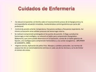 • -Se educará al paciente y la familia sobre el reconocimiento precoz de la hipoglucemia y la
correspondiente actuación inmediata, manteniéndose control gulcémico por parte del
profesional.
• -Control de presión arterial, temperatura, frecuencia cardiaca y frecuencia respiratoria. Así
mismo se buscarán otras señales precoces de hemorragia interna.
• Se realizará comprensión prolongada en los puntos de punción. Si llega a producirse
hemorragia a nivel esofágico, se colocará un balón para comprensión (Sengstaken-
Blakemore), que como puede observarse en la ilustración, consta de un balón gástrico de
fijación, uno esofágico para comprensión hemostática y una sonda nasogástrica. (BRUNNER
& SUDDARTH, 1989).
• -Higiene estricta. Aplicación de paños fríos. Masajes y cambios posturales. Las normas de
asepsia han de ser estremadamente estrictas en cada una de las técnicas y se ha de limitar
el número de visitas.
 