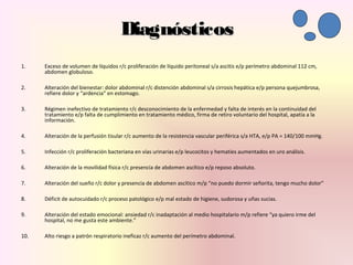 DiagnósticosDiagnósticos
1. Exceso de volumen de líquidos r/c proliferación de líquido peritoneal s/a ascitis e/p perímetro abdominal 112 cm,
abdomen globuloso.
2. Alteración del bienestar: dolor abdominal r/c distención abdominal s/a cirrosis hepática e/p persona quejumbrosa,
refiere dolor y “ardencia” en estomago.
3. Régimen inefectivo de tratamiento r/c desconocimiento de la enfermedad y falta de interés en la continuidad del
tratamiento e/p falta de cumplimiento en tratamiento médico, firma de retiro voluntario del hospital, apatía a la
información.
4. Alteración de la perfusión tisular r/c aumento de la resistencia vascular periférica s/a HTA, e/p PA = 140/100 mmHg.
5. Infección r/c proliferación bacteriana en vías urinarias e/p leucocitos y hematíes aumentados en uro análisis.
6. Alteración de la movilidad física r/c presencia de abdomen ascítico e/p reposo absoluto.
7. Alteración del sueño r/c dolor y presencia de abdomen ascítico m/p “no puedo dormir señorita, tengo mucho dolor”
8. Déficit de autocuidado r/c proceso patológico e/p mal estado de higiene, sudorosa y uñas sucias.
9. Alteración del estado emocional: ansiedad r/c inadaptación al medio hospitalario m/p refiere “ya quiero irme del
hospital, no me gusta este ambiente.”
10. Alto riesgo a patrón respiratorio ineficaz r/c aumento del perímetro abdominal.
 
