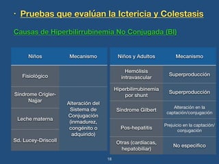 • Pruebas que evalúan la Ictericia y Colestasis 
Causas de Hiperbilirrubinemia No Conjugada (BI) 
18 
Niños Mecanismo 
Fisiológico 
Síndrome Crigler- 
Najjar Alteración del 
Sistema de 
Conjugación 
(inmadurez, 
congénito o 
adquirido) 
Leche materna 
Sd. Lucey-Driscoll 
Niños y Adultos Mecanismo 
Hemólisis 
intravascular Superproducción 
Hiperbilirrubinemia 
por shunt Superproducción 
Síndrome Gilbert Alteración en la 
captación/conjugación 
Pos-hepatitis Prejuicio en la captación/ 
conjugación 
Otras (cardíacas, 
hepatobiliar) No especifico 
 