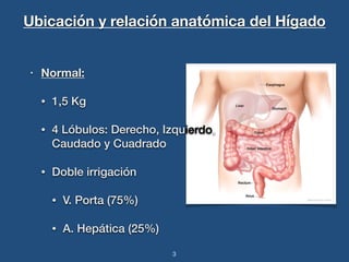 Ubicación y relación anatómica del Hígado 
• Normal: 
• 1,5 Kg 
• 4 Lóbulos: Derecho, Izquierdo, 
Caudado y Cuadrado 
• Doble irrigación 
• V. Porta (75%) 
• A. Hepática (25%) 
3 
 