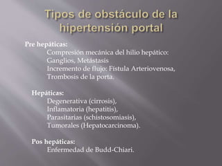 Pre hepáticas:
Compresión mecánica del hilio hepático:
Ganglios, Metástasis
Incremento de flujo: Fístula Arteriovenosa,
Trombosis de la porta.
Hepáticas:
Degenerativa (cirrosis),
Inflamatoria (hepatitis),
Parasitarias (schistosomiasis),
Tumorales (Hepatocarcinoma).
Pos hepáticas:
Enfermedad de Budd-Chiari.
 