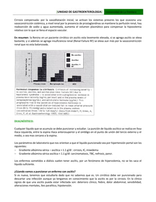 [UNIDAD DE GASTROENTEROLOGIA] Universidad de La Frontera
Cirrosis compensada: por la vasodilatación inicial, se activan los sistemas presores los que ocasiona una
vasoconstricción sistémica, a nivel renal por la presencia de prostaglandinas se mantiene la perfusión renal, hay
reabsorción de sodio y agua aumentada, aumenta el volumen plasmático para compensar la hipovolemia
relativa con lo que se llena el espacio vascular.
En resumen: la Renina en un paciente cirrótico sin ascitis esta levemente elevada, si se agrega ascitis se eleva
bastante, y si además se agrega insuficiencia renal (Renal Failure RF) se eleva aun más por la vasoconstricción
renal que no esta balanceada.
DIAGNÓSTICO:
Cualquier líquido que se acumula se debe puncionar y estudiar. La punción de líquido ascítico se realiza en fosa
iliaca izquierda, entre la espina iliaca anterosuperior y el ombligo en el punto de unión del tercio externo y el
medio, o sea mas cercano a la espina.
Los parámetros de laboratorio que nos orientan a que el líquido puncionado sea por hipertensión portal son los
siguientes:
 Gradiente albúmina sérica – ascítica > 1.1 g/dl : cirrosis, IC, mixedema
 Gradiente albúmina sérica-ascítica < 1.1 g/dl: carcinomatosis, TBC, nefrosis, pancr.
Los enfermos sometidos a diálisis suelen tener ascítis, por un fenómeno de hipervolemia, no se les saca el
líquido suficiente.
¿Cúando vamos a puncionar un enfermo con ascitis?
Si es nueva, tenemos que estudiarla dado que no sabemos que es. Un cirrótico debe ser puncionado para
descartar una infección aunque ya tengamos en conocimiento que la ascitis es por la cirrosis. En la clínica
signos de que una ascitis pueda estar infectada son: deterioro clínico, fiebre, dolor abdominal, sensibilidad,
alteraciones mentales, íleo paralítico, hipotensión.
 