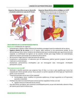 [UNIDAD DE GASTROENTEROLOGIA] Universidad de La Frontera
Esquema: Diversos sitios en que se desarrolla
circulación colateral en casos de HT Portal.
Esquema: Desarrollo de várices esofágicas en la HT
Portal. El plexo varicoso que se desarrolla en el
esófago, es predominante en la adventicia.
TRATAMIENTO DE LA HIPERTENSIÓN PORTAL
EMERGENCIA (Endoscopía de urgencia)
 Escleroterapia o Ligadura: debe realizarse de inmediato y proseguir hasta la erradicación de las várices,
 Ligadura elástica de las várices: es la 1ª opción, debe realizarse lo más precozmente posible. Se ha
demostrado que tiene menor incidencia de complicaciones que la escleroterapia, pero igual recurrencia de
sangrado. La combinación de ligadura en las sesiones iniciales para luego finalizar con escleroterapia
obtiene los mayores porcentajes de erradicación de las várices
 No se practica ningún tipo de cirugía derivativa de urgencia
 Vasopresina o somatostatina se administra por vía endovenosa, podrian permitir preparar al paciente
mejor para su escleroterapia
 Anastomosis portosistémica intrahepática por vía transyugular (tips: transyugular intrahepátic
portosistemic shunt)
TRATAMIENTO ELECTIVO HP
 Destinado a aquellos pacientes que sangraron hace 15 dias o un mes o para aquellos que nunca han
sangrado pero tienen grandes varices. Busca prevenir un primer episodio de hemorragia por hipertensión
portal, o una recurrencia
 Tratamiento grandes varices que no han sangrado:
 Farmacológico: busca modificar las presiones esplácnicas, el mejor exponente es el Propranolol,
asociado a Isosorbide
 Profilaxis Secundario (o tratamiento para varices que han sangrado al menos una vez)
 Ligadura hasta la erradicación de los várices.
 Hay alternativas quirúrgicas, pero aumenta la encefalopatía portal, ya que está destinada a desviar el flujo
del sistema porta hacia el sistema cava.
ENCEFALOPATÍA HEPÁTICA
 
