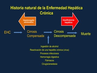 Historia natural de la Enfermedad Hepática
Crónica
EHC Cirrosis
Compensada
Cirrosis
Descompensada
Muerte
Hepatomegalia
asi...
