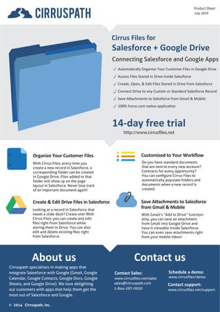 About us 
Product Sheet 
Salesforce + Google Drive 
Connecting Salesforce and Google Apps 
14-day free trial 
http://www.cirrusles.net 
iPad 
Cirrus Files for 
Cirruspath specializes in making apps that 
integrate Salesforce with your email inbox. 
Cirrus Insight supports Gmail, Office 365, 
iPhone, iPad, and soon Android. We're 
passionate about saving you time and 
helping you get the most out of Salesforce. 
2014 Cirruspath, Inc. 
 
 
 
 
 
 
Automatically Organize Your Customer Files in Google Drive 
Access Files Stored in Drive inside Salesforce 
Create, Open,  Edit Files Stored in Drive from Salesforce 
Connect Drive to any Custom or Standard Salesforce Record 
Save Attachments to Salesforce from Gmail  Mobile 
100% Force.com native application 
Organize Your Customer Files 
With Cirrus Files, every time you 
create a new record in Salesforce, a 
corresponding folder can be created 
in Google Drive. Files added to that 
folder will show up on the page 
layout in Salesforce. Never lose track 
of an important document again! 
Do you have standard documents 
that are sent to every new account? 
Contracts for every opportunity? 
You can configure Cirrus Files to 
automatically populate folders and 
documents when a new record is 
created. 
Save Attachments to Salesforce 
from Gmail  Mobile 
With Gmail’s “Add to Drive” function-ality, 
you can save an attachment 
from Gmail into Google Drive and 
have it viewable inside Salesforce. 
You can even save attachments right 
from your mobile inbox! 
Looking at a record in Salesforce that 
needs a slide deck? Create one! With 
Cirrus Files, you can create and edit 
files right from Salesforce while 
storing them in Drive. You can also 
edit and delete existing files right 
from Salesforce. 
Customized to Your Workflow 
Create  Edit Drive Files in Salesforce 
Sept 2014 
Contact us 
Schedule a demo: 
www.cirrusfiles/demo 
Contact support: 
www.cirrusfiles.net/support 
Contact Sales: 
www.cirrusfiles.net/sales 
sales@cirruspath.com 
1-844-287-0950 
