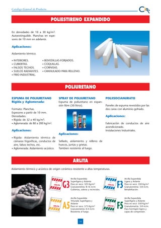 Catálogo General de Productos

POLIESTIRENO EXPANDIDO
En densidades de 10 a 30 kg/m3.
Autoextinguible. Planchas en espesores de 10 mm en adelante.

Aplicaciones:
Aislamiento térmico.
•
•
•
•
•

INTERIORES.
CUBIERTAS.
FALSOS TECHOS.
SUELOS RADIANTES.
FRIO INDUSTRIAL.

•
•
•
•

BOVEDILLAS-FORJADOS.
COQUILLAS.
CORNISAS.
GRANULADO PARA RELLENO.

POLIURETANO
ESPUMA DE POLIURETANO
Rígida y Aglomerada:

SPRAY DE POLIURETANO
Espuma de poliuretano en expansión libre (50 litros).

Formato: Planchas.
Espesores a partir de 10 mm.
Densidades:
• Rígida: de 32 a 40 kg/m3.
• Aglomerada: de 80 a 200 kg/m3.

POLIISOCIANURATO
Paneles de espuma revestidos por las
dos caras con aluminio gofrado.

Aplicaciones:
Fabricación de conductos de aire
acondicionado.
Instalaciones Industriales.

Aplicaciones:
Aplicaciones:
•

•

Rígida: Aislamiento térmico de
cámaras frigoríficas, conductos de
aire, falsos techos, etc.
Aglomerada: Aislamiento acústico.

Sellado, aislamiento y relleno de
huecos, juntas y grietas.
Tambien resistente al fuego.

ARLITA
Aislamiento térmico y acústico de origen cerámico resistente a altas temperaturas.

G3
A5

Arcilla Expandida
Superligera y Aislante
Peso en seco: 325 Kg/m3
Granulometría: 8-16 m/m
Cubiertas, soleras y recrecidos.

Arcilla Expandida
Triturada Superligera y
Aislante
Peso en seco: 575 Kg/m3
Granulometría: 0-4 m/m
Resistente al fuego.

14

F3
F5

Arcilla Expandida
Ligera y Aislante
Peso en seco: 350 Kg/m3
Granulometría: 3-8 m/m.
Rehabilitación.

Arcilla Expandida
Superligera y Aislante
Peso en seco: 550 Kg/m3
Granulometría: 3-8 m/m.
Para hormigón ligero y
capas de compresión.

 