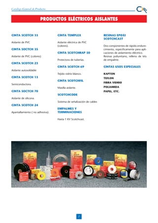 Catálogo General de Productos

PRODUCTOS ELÉCTRICOS AISLANTES

CINTA SCOTCH 33

CINTA TEMPLEX

Aislante de PVC

Aislante eléctrica de PVC
(colores).

RESINAS EPOXI
SCOTCHCAST

Protectora de tuberías.

Dos componentes de rápido endurecimiento, especificamente para aplicaciones de aislamiento eléctrico.
Resinas poliuretano, relleno de kits
de empalme.

CINTA SCOTCH 69

CINTAS USOS ESPECIALES

Tejido vidrio blanco.

KAPTON

CINTA SOCTCH 35
CINTA SCOTCHRAP 50
Aislante de PVC (colores)

CINTA SCOTCH 23
Aislante autosoldable

CINTA SCOTCH 13
CINTA SCOTCHFIL
Semiconductora.

FIBRA VIDRIO
POLIAMIDA

Masilla aislante.

CINTA SOCTCH 70

PAPEL, ETC.

SCOTCHCODE
Aislante de silicona.
Sistema de señalización de cables

CINTA SCOTCH 24
Apantallamiento ( no adhesiva).

TEFLON

EMPALMES Y
TERMINACIONES
Hasta 1 KV Scotchcast.

27

 