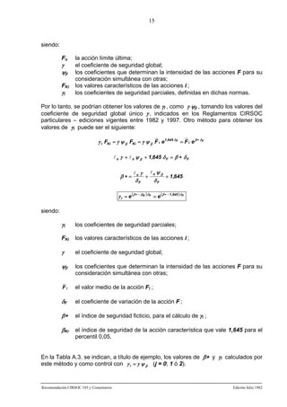 15

siendo:
Fu

γ
ψji
FKi

γi

la acción límite última;
el coeficiente de seguridad global;
los coeficientes que determinan la intensidad de las acciones F para su
consideración simultánea con otras;
los valores característicos de las acciones i ;
los coeficientes de seguridad parciales, definidas en dichas normas.

Por lo tanto, se podrían obtener los valores de γi , como γ ψji , tomando los valores del
coeficiente de seguridad global único γ , indicados en los Reglamentos CIRSOC
particulares – ediciones vigentes entre 1982 y 1997. Otro método para obtener los
valores de γi puede ser el siguiente:
γ i FKi = γ ψ ji FKi = γ ψ ji F i e1,645 δ F = F i e β ∗ δ F
l n γ + l n ψ ji + 1,645 δ F = β ∗ δ F

β∗=

ln γ

δF

+

l n ψ ji

δF

+ 1,645

γ i = e (β ∗ − βK ) δ F = e ( β ∗ − 1 ,645 ) δ F

siendo:

γi

los coeficientes de seguridad parciales;

FKi

los valores característicos de las acciones i ;

γ

el coeficiente de seguridad global;

ψji

los coeficientes que determinan la intensidad de las acciones F para su
consideración simultánea con otras;

Fi

el valor medio de la acción Fi ;

δF

el coeficiente de variación de la acción F ;

β∗

el índice de seguridad ficticio, para el cálculo de γi ;

βKi

el índice de seguridad de la acción característica que vale 1,645 para el
percentil 0,05.

En la Tabla A.3. se indican, a título de ejemplo, los valores de β∗ y γi calculados por
este método y como control con γ i = γ ψ ji (j = 0; 1 ó 2).

Recomendación CIRSOC 105 y Comentarios

Edición Julio 1982

 