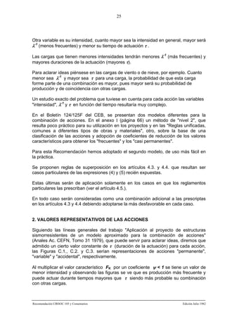 25

Otra variable es su intensidad, cuanto mayor sea la intensidad en general, mayor será
λ-1 (menos frecuentes) y menor su tiempo de actuación τ .
Las cargas que tienen menores intensidades tendrán menores λ-1 (más frecuentes) y
mayores duraciones de la actuación (mayores τ).
Para aclarar ideas piénsese en las cargas de viento o de nieve, por ejemplo. Cuanto
menor sea λ-1 y mayor sea τ para una carga, la probabilidad de que esta carga
forme parte de una combinación es mayor, pues mayor será su probabilidad de
producción y de coincidencia con otras cargas.
Un estudio exacto del problema que tuviese en cuenta para cada acción las variables
"intensidad", λ-1 y τ en función del tiempo resultaría muy complejo.
En el Boletín 124/125F del CEB, se presentan dos modelos diferentes para la
combinación de acciones. En el anexo I (página 66) un método de "nivel 2", que
resulta poco práctico para su utilización en los proyectos y en las "Reglas unificadas,
comunes a diferentes tipos de obras y materiales", otro, sobre la base de una
clasificación de las acciones y adopción de coeficientes de reducción de los valores
característicos para obtener los "frecuentes" y los "casi permanentes".
Para esta Recomendación hemos adoptado el segundo modelo, de uso más fácil en
la práctica.
Se proponen reglas de superposición en los artículos 4.3. y 4.4. que resultan ser
casos particulares de las expresiones (4) y (5) recién expuestas.
Estas últimas serán de aplicación solamente en los casos en que los reglamentos
particulares las prescriban (ver el artículo 4.5.).
En todo caso serán consideradas como una combinación adicional a las prescriptas
en los artículos 4.3 y 4.4 debiendo adoptarse la más desfavorable en cada caso.

2. VALORES REPRESENTATIVOS DE LAS ACCIONES
Siguiendo las líneas generales del trabajo "Aplicación al proyecto de estructuras
sismorresistentes de un modelo aproximado para la combinación de acciones"
(Anales Ac. CEFN, Tomo 31 1979), que puede servir para aclarar ideas, diremos que
admitido un cierto valor constante de τ (duración de la actuación) para cada acción,
las Figuras C.1., C.2. y C.3. serían representaciones de acciones "permanente",
"variable" y "accidental", respectivamente.
Al multiplicar el valor característico FK por un coeficiente ψ < 1 se tiene un valor de
menor intensidad y observando las figuras se ve que es producción más frecuente y
puede actuar durante tiempos mayores que τ siendo más probable su combinación
con otras cargas.

Recomendación CIRSOC 105 y Comentarios

Edición Julio 1982

 