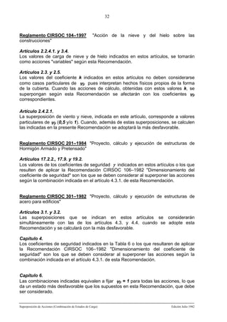 32

Reglamento CIRSOC 104–1997
construcciones"

"Acción de la nieve y del hielo sobre las

Artículos 2.2.4.1. y 3.4.
Los valores de carga de nieve y de hielo indicados en estos artículos, se tomarán
como acciones "variables" según esta Recomendación.
Artículos 2.3. y 2.5.
Los valores del coeficiente k indicados en estos artículos no deben considerarse
como casos particulares de ψji pues interpretan hechos físicos propios de la forma
de la cubierta. Cuando las acciones de cálculo, obtenidas con estos valores k, se
superpongan según esta Recomendación se afectarán con los coeficientes ψji
correspondientes.
Artículo 2.4.2.1.
La superposición de viento y nieve, indicada en este artículo, corresponde a valores
particulares de ψji (0,5 y/o 1). Cuando, además de estas superposiciones, se calculen
las indicadas en la presente Recomendación se adoptará la más desfavorable.

Reglamento CIRSOC 201–1984 "Proyecto, cálculo y ejecución de estructuras de
Hormigón Armado y Pretensado"
Artículos 17.2.2., 17.9. y 19.2.
Los valores de los coeficientes de seguridad γ indicados en estos artículos o los que
resulten de aplicar la Recomendación CIRSOC 106–1982 "Dimensionamiento del
coeficiente de seguridad" son los que se deben considerar al superponer las acciones
según la combinación indicada en el artículo 4.3.1. de esta Recomendación.

Reglamento CIRSOC 301–1982 "Proyecto, cálculo y ejecución de estructuras de
acero para edificios"
Artículos 3.1. y 3.2.
Las superposiciones que se indican en estos artículos se considerarán
simultáneamente con las de los artículos 4.3. y 4.4. cuando se adopte esta
Recomendación y se calculará con la más desfavorable.
Capítulo 4.
Los coeficientes de seguridad indicados en la Tabla 6 o los que resultaren de aplicar
la Recomendación CIRSOC 106–1982 "Dimensionamiento del coeficiente de
seguridad" son los que se deben considerar al superponer las acciones según la
combinación indicada en el artículo 4.3.1. de esta Recomendación.

Capítulo 6.
Las combinaciones indicadas equivalen a fijar ψji = 1 para todas las acciones, lo que
da un estado más desfavorable que los supuestos en esta Recomendación, que debe
ser considerado.
Superposición de Acciones (Combinación de Estados de Carga)

Edición Julio 1982

 