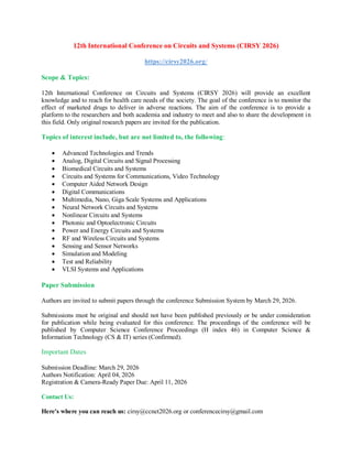 12th International Conference on Circuits and Systems (CIRSY 2026) | PDF
