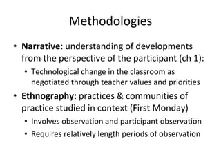 Conversation Analysis: empirical technique for ethnomethodology rigorous micro-level analysis of technologically-mediated communication focuses on how meaning and order are “achieved” specifically through routine conversational “work” or “talk-in-interaction” (Schegloff, 1986, pp. 111–112) Focuses on how meaning and order are “achieved” specifically through  routine  conversational “work” or “talk-in-interaction” (Schegloff, 1986, pp. 111–112 