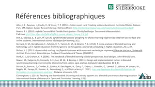 Références bibliographiques
Allen, I. E., Seaman, J., Poulin, R., & Straut, T. T. (2016). Online report card: Tracking online education in the United States. Babson
Park, MA: Babson Survey Research Group. Retrieved from: http://onlinelearningsurvey.com/reports/onlinereportcard.pdf
Beatty, B. J. (2010). Hybrid Courses With Flexible Participation - The HyflexDesign. Document téléaccessible à
l’adresse http://itec.sfsu.edu/hyflex/hyflex_course_design_theory_2.2.pdf
Bell, J., Sawaya, S., & Cain, W. (2014). Synchromodal classes: Designing for shared learning experiences between face-to-face and
online students. International Journal of Designs for learning, 5(1).
Bernard, R. M., Borokhovski, E., Schmid, R. F., Tamim, R. M., & Abrami, P. C. (2014). A meta-analysis of blended learning and
technology use in higher education: from the general to the applied. Journal of Computing in Higher Education, 26(1), 87.
Bishop, J. L. (2013). A controlled study of the flipped classroom with numerical methods for engineers (thèse de doctorat, Université
de Utah, États-Unis). Accessible par ProQuest Dissertations & Theses. (3606852)
Bonk, C. J., & Graham, C. R. (2006). The handbook of blended learning: Global perspectives, local designs. John Wiley & Sons.
Bower, M., Dalgarno, B., Kennedy, G. E., Lee, M. W., & Kenney, J. (2015). Design and implementation factors in blended
synchronous learning environments: Outcomes from a cross-case analysis. Computers & Education, 86 1-17.
Burton, R., Borruat, S., Charlier, B., Coltice, N. Deschryver, N., Docq, F., Eneau, J., Gueudet, G., Lameul, G., Lebrun, M. Lietart, M.,
Nagels, M., Peraya, D., Rossier, A., Renneboog, E., et Villiot-Leclercq, E. (2011). Vers une typologie des dispositifs hybrides de
formation en enseignement supérieur . Distance et savoirs, 1(9).
Cunningham, U. (2014). Teaching the disembodied: Othering and activity systems in a blended synchronous learning situation. The
International Review of Research in Open and Distributed Learning, 15(6).
 