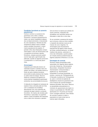 19Manejo integrado de pragas do algodoeiro no cerrado brasileiro
Condições favoráveis ao aumento
populacional
Cultivos vizinhos ou sucessivos de
gramíneas como milho e milheto
favorecem o aumento populacional do
inseto, por serem hospedeiros adequa-
dos ao desenvolvimento e manutenção
do ciclo reprodutivo. Períodos de alta
temperatura aliada à baixa umidade
relativa também favorecem o cresci-
mento populacional da espécie. O
período crítico das infestações compre-
ende desde o início do florescimento até
o surgimento do primeiro capulho.
Entretanto, ataques precoces podem
ocorrer logo após a germinação das
plântulas, quando as lagartas promovem
o tombamento e a morte das planti-
nhas.
Amostragem
Inspeções para detecção devem ser
realizadas durante o período crítico de
ataque nas folhas, nos botões florais ou
flores da parte mediana da planta,
procurando-se pela presença dos insetos
ou pelos sinais de ataque. Deve-se
observar a presença de lagartas em
outras plantas hospedeiras (gramíneas)
existentes nas proximidades da lavoura.
A detecção da chegada de mariposas da
espécie à área cultivada pode ser feita
com a instalação de armadilhas
descartáveis com uma superfície de
retenção de papel colante e contendo
feromônio. Os insetos são atraídos pelo
feromônio e capturados na superfície
adesiva. Essas armadilhas são dispostas
uma a cada cinco hectares e apresen-
tam-se ativas na captura por período de
quatro semanas. Inspeções das
armadilhas com feromônio devem ser
efetuadas a cada três a cinco dias.
Ao se constatar a presença de maripo-
sas na lavoura, deve-se iniciar também
a inspeção das plantas à procura de
massas de ovos e lagartas. As
amostragens para levantamento
populacional da lagarta militar devem
ser feitas, preferencialmente, no dossel
mediano das plantas, sobretudo no
início das infestações, quando poderá
ser notada presença predominante de
lagartas pequenas (inferiores a 2,5 cm).
Estratégias de controle
Diversas vespas parasitóides estão
associadas com lagartas desta espécie,
entre eles Cotesia sp. (Hymenoptera:
Braconidae), Campoletis fravicincta
(Hymenoptera: Ichneumonidae) e
Euplectrus sp. (Hymenoptera:
Eulophidae) O principal parasitóide, no
entanto, costuma ser Trichogramma sp.
A liberação inundativa de Trichogramma
sp. para o controle de espécies de
lepidópteros através do parasitismo dos
ovos é técnica de controle biológico
bastante difundida. Para tanto, libera-se
os parasitóides semanalmente no
momento do aparecimento do inseto no
campo na quantidade de 100.000 ovos
distribuídos em 15 pontos por hectare.
Como vantagem adicional, esse método
de controle é seletivo e reduz a
população do inseto antes que as
injúrias sejam efetuadas.
 