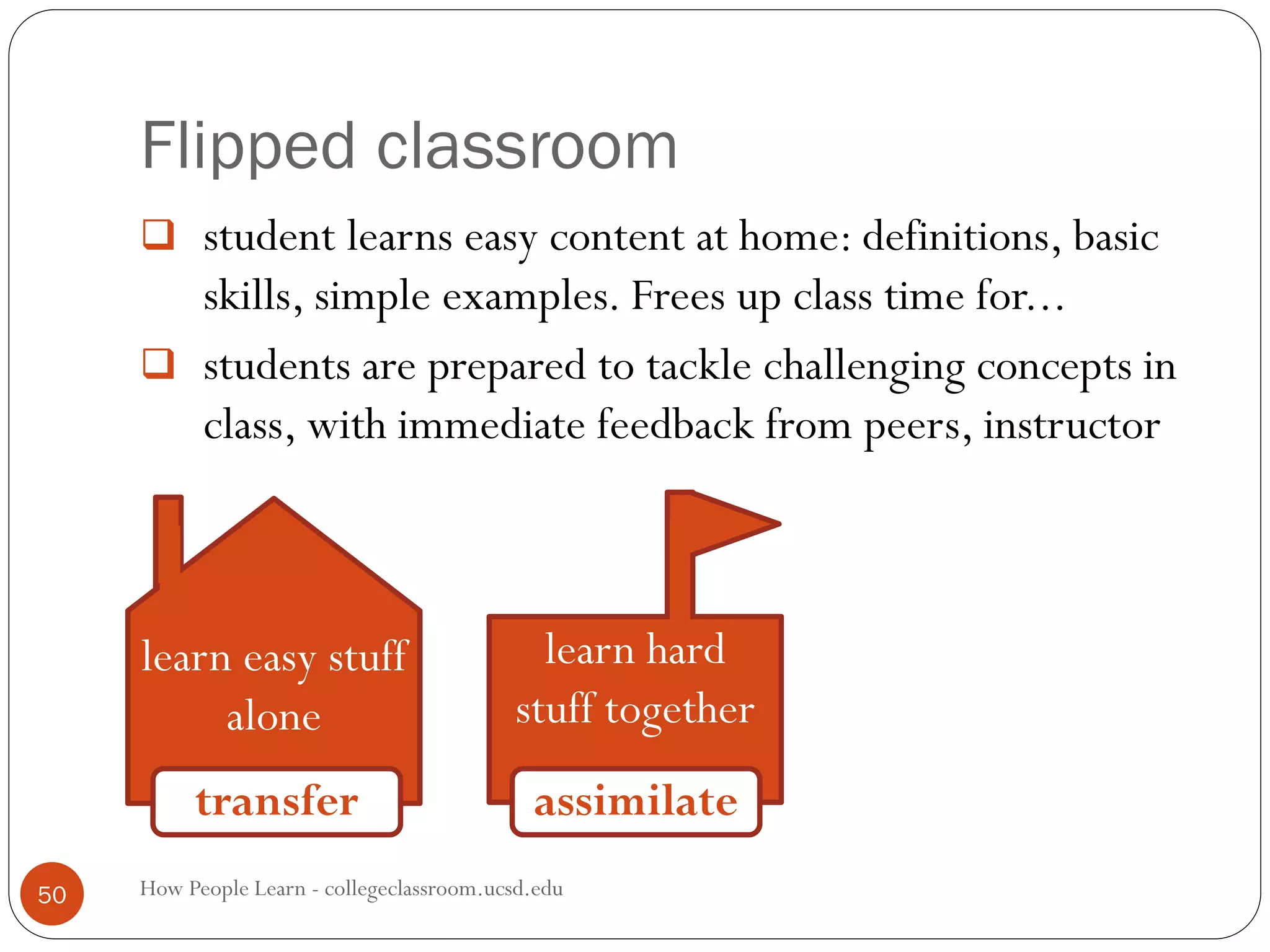 Flipped classroom
How People Learn - collegeclassroom.ucsd.edu50
 student learns easy content at home: definitions, basic
skills, simple examples. Frees up class time for...
 students are prepared to tackle challenging concepts in
class, with immediate feedback from peers, instructor
learn hard
stuff together
learn easy stuff
alone
transfer assimilate
 