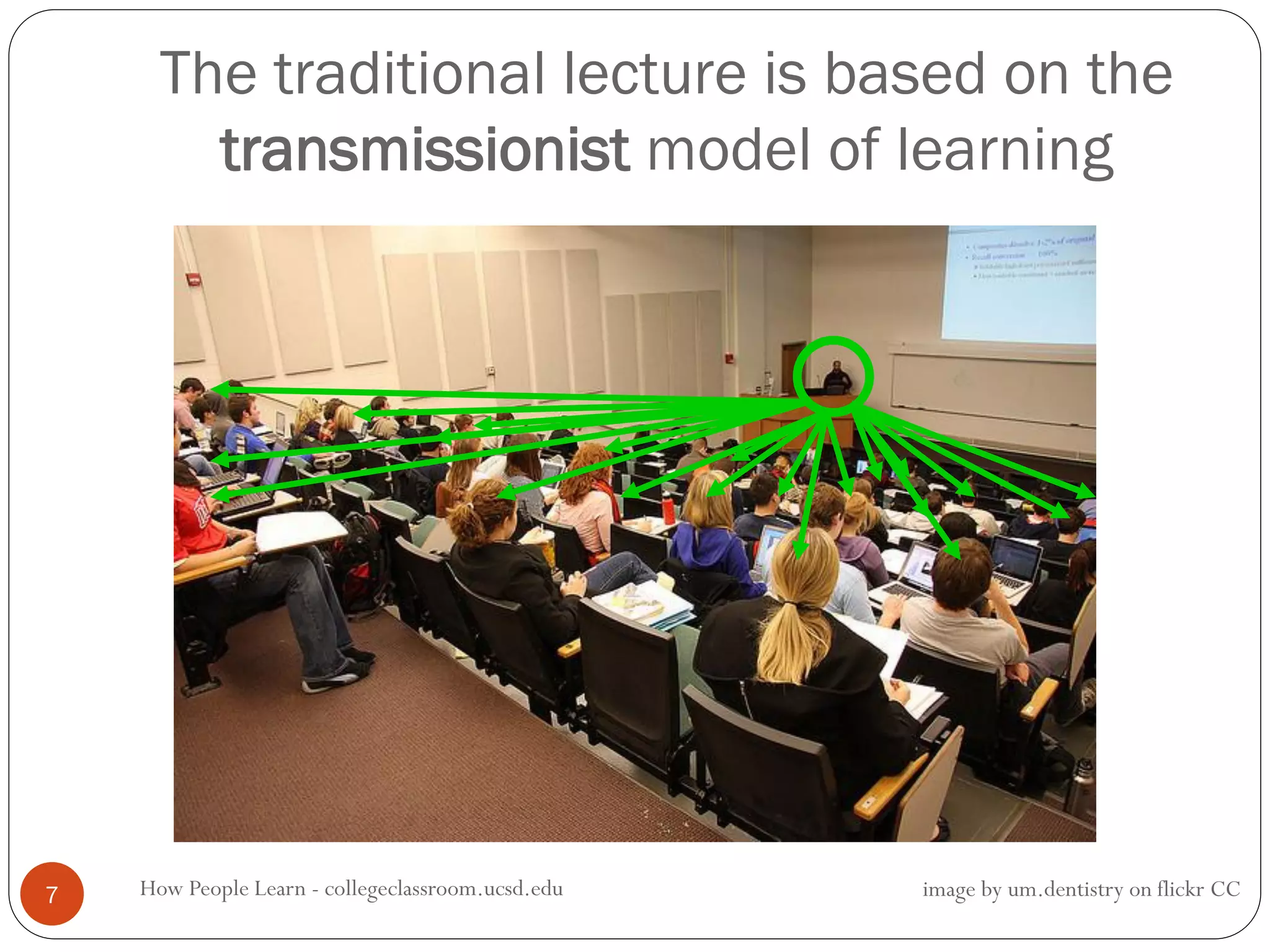 The traditional lecture is based on the
transmissionist model of learning
How People Learn - collegeclassroom.ucsd.edu7 image by um.dentistry on flickr CC
 
