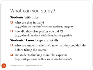 What can you study?
Teaching as research - collegeclassroom.ucsd.edu11
Students’ attitudes
 what are they initially?
(e.g., what are students’ views on academic integrity?)
 how did they change after you did X?
(e.g., what do students think about learning goals?)
Students’ knowledge and skills
 what are students able to do now that they couldn’t do
before taking the course?
 are students thinking more like experts?
(e.g. what questions do they ask in lab/discussion?)
 