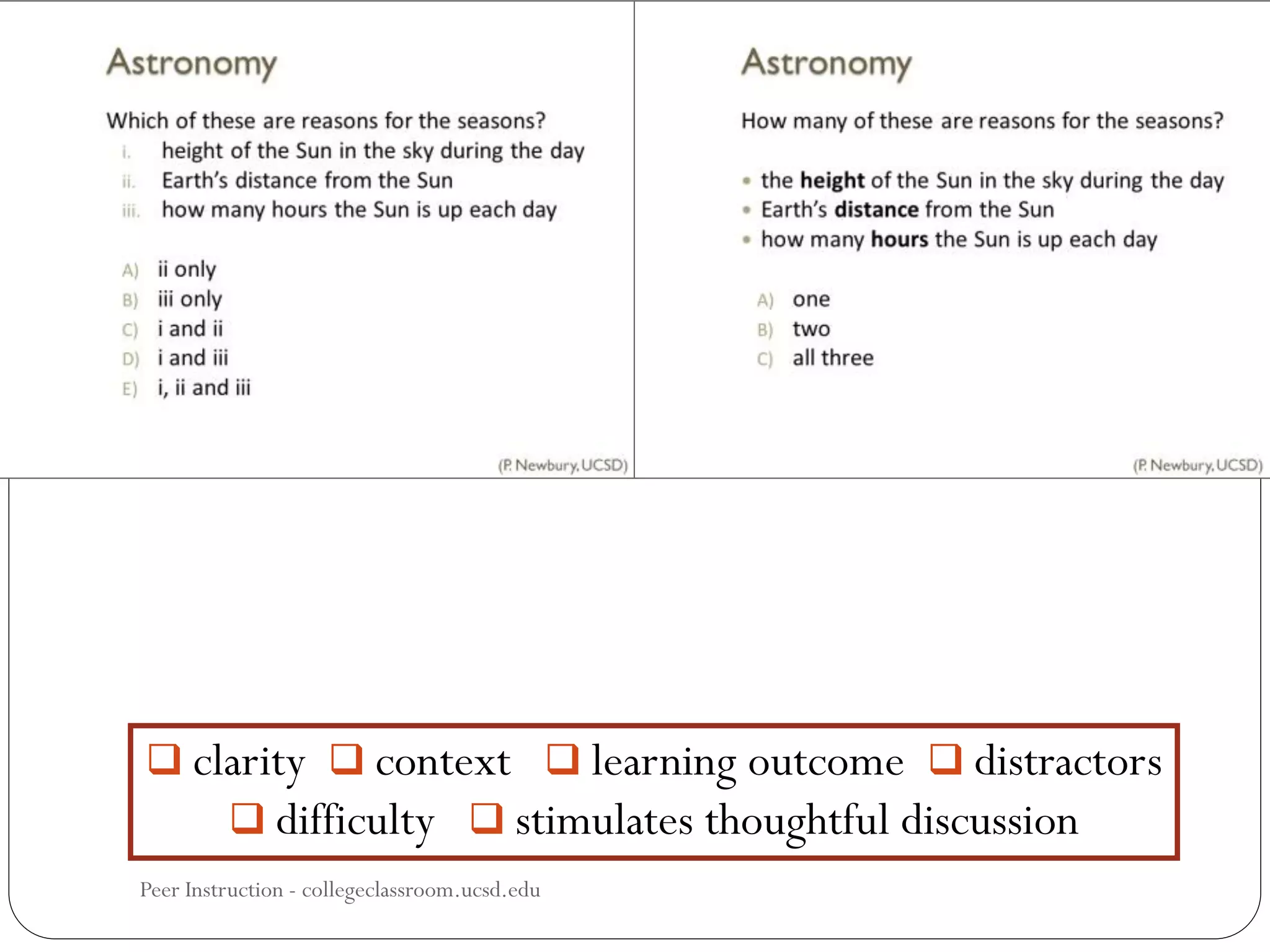  clarity  context  learning outcome  distractors
 difficulty  stimulates thoughtful discussion
Peer Instruction - collegeclassroom.ucsd.edu
 