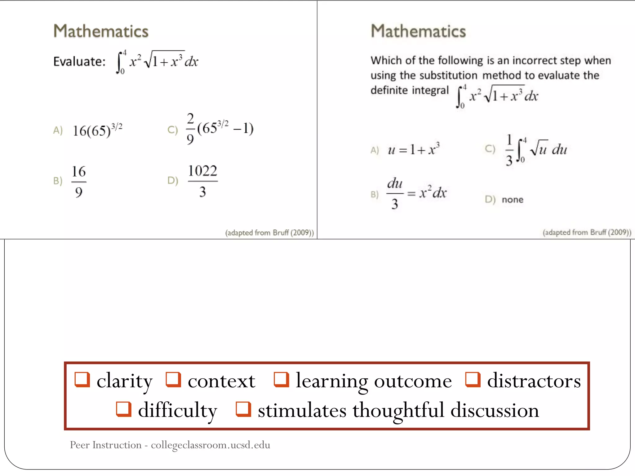  clarity  context  learning outcome  distractors
 difficulty  stimulates thoughtful discussion
Peer Instruction - collegeclassroom.ucsd.edu
 
