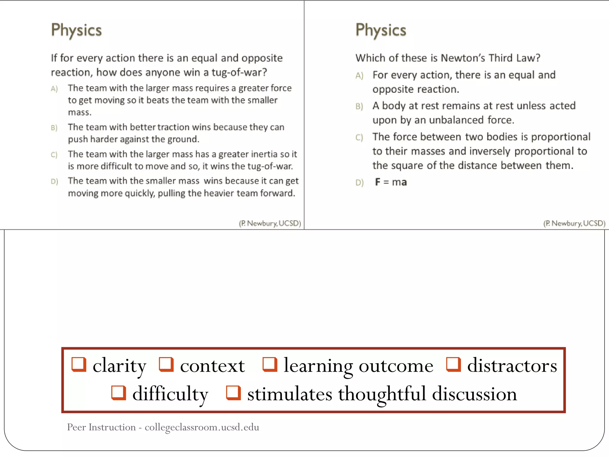  clarity  context  learning outcome  distractors
 difficulty  stimulates thoughtful discussion
Peer Instruction - collegeclassroom.ucsd.edu
 