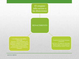RENACIMIENTO
El cirujano
tubo acceso a
las disecciones
Estudio de las formas humanas
(anatomía)
Da Vinci 30 cadáveres disecados,
Miguel Ángel, el mas grande de
los anatomistas Andrés Vesalio
Los indígenas eran hábiles
reduciendo
fracturas, inmovilizándolas con
productos vegetales, las heridas se
suturaban con hilos finos (cabellos
de la cabeza) uso de plantas
narcóticas para el dolor (peyote y
toloache)
KENNY ORTIZ
 