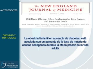 ANTECEDENTESNiños con un índice de masa corporal (IMC) > al percentilo 99 se convierten en adultos obesos (IMC >30)MAYOR OBESIDAD EN ADOLESCENTESFreedman DS. Cardiovascular risk factors and excess adiposity among overweight children and adolescents: The Bogalusa Heart Study. J Pediatr , 2007;150:12-17.