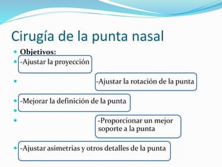 Cirugía de la punta nasal
 Objetivos:
 -Ajustar la proyección
 -Ajustar la rotación de la punta
 -Mejorar la definición de la punta

 -Proporcionar un mejor
soporte a la punta
 -Ajustar asimetrias y otros detalles de la punta
 