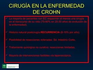 CIRUGÍA EN LA ENFERMEDAD DE CROHN La mayoría de pacientes con EC requerirán al menos una cirugía en el transcurso de su vida (75-90% en 20-30 años de evolución de la enfermedad). Historia natural postcirugía: RECURRENCIA  (8-10% por año). Posibilidad de resecciones reiteradas: Sd. Intestino Corto. Tratamiento quirúrgico no curativo: resecciones limitadas. Mayoría de intervenciones factibles vía laparoscópica . 