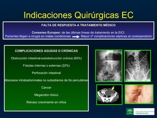 Indicaciones Quirúrgicas EC FALTA DE RESPUESTA A TRATAMIENTO MÉDICO Consenso Europeo:  de las últimas líneas de tratamiento en la EICI. Pacientes llegan a cirugía en malas condiciones  Mayor nº complicaciones sépticas en postoperatorio COMPLICACIONES AGUDAS O CRÓNICAS Obstrucción intestinal-subobstrucción crónica (65%) Fístulas internas o externas (22%) Perforación intestinal Abscesos intrabadominales no subsidiarios de tto percutáneo Cáncer Megacolon tóxico Retraso crecimiento en niños 