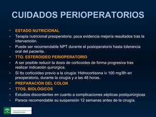 CUIDADOS PERIOPERATORIOS ESTADO NUTRICIONAL Terapia nutricional preoperatoria: poca evidencia mejoría resultados tras la intervención. Puede ser recomendable NPT durante el postoperatorio hasta tolerancia oral del paciente. TTO. ESTEROIDEO PERIOPERATORIO A ser posible reducir la dosis de corticoides de forma progresiva tras realizar indicación quirúrgica. Si tto corticoideo previo a la cirugía: Hidrocortisona iv 100 mg/8h en preoperatorio, durante la cirugía y a las 48 horas. PREPARACIÓN DEL COLON TTOS. BIOLÓGICOS Estudios discordantes en cuanto a complicaciones sépticas postquirúrgicas Parece recomendable su suspensión 12 semanas antes de la cirugía. 