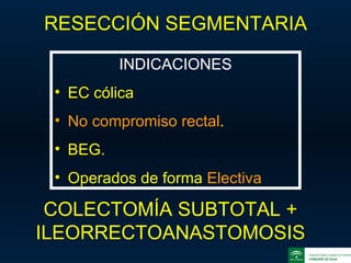 RESECCIÓN SEGMENTARIA COLECTOMÍA SUBTOTAL + ILEORRECTOANASTOMOSIS INDICACIONES EC cólica No compromiso rectal . BEG. Operados de forma  Electiva 