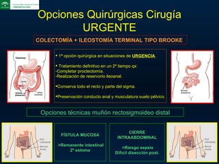 Opciones Quirúrgicas Cirugía URGENTE COLECTOMÍA + ILEOSTOMÍA TERMINAL TIPO BROOKE 1ª opción quirúrgica en situaciones de  URGENCIA . Tratamiento definitivo en un 2º tiempo qx: Completar proctectomía. Realización de reservorio ileoanal. Conserva todo el recto y parte del sigma. Preservación conducto anal y musculatura suelo pélvico. Opciones técnicas muñón rectosigmoideo distal FÍSTULA MUCOSA >Remanente intestinal 2º estoma CIERRE INTRAABDOMINAL >Riesgo sepsis Difícil disección post. 
