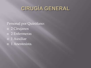 Personal por Quirófano:
 2 Cirujanos

 2 Enfermeras

 1 Auxiliar

 1 Anestesista.
 