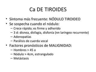 Ca DE TIROIDES Síntoma más frecuente: NÓDULO TIROIDEO Se sospecha cuando el nódulo: Crece rápido; es firme y adherido 3 d: disnea, disfagia, disfonía (nn laríngeo recurrente) Adenopatías Parálisis de cuerda vocal Factores pronósticos de MALIGNIDAD: Hombres > 45 a Nódulo > 4cm, estrangulado Metástasis 